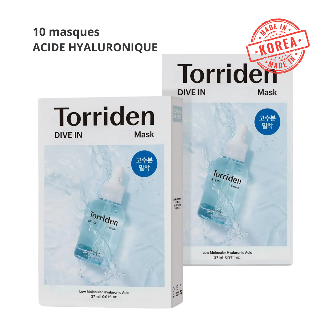 Masques Torriden Dive In à l'acide hyaluronique, hydratation intense et réparation cutanée. Pack de 10 masques fabriqués en Corée.