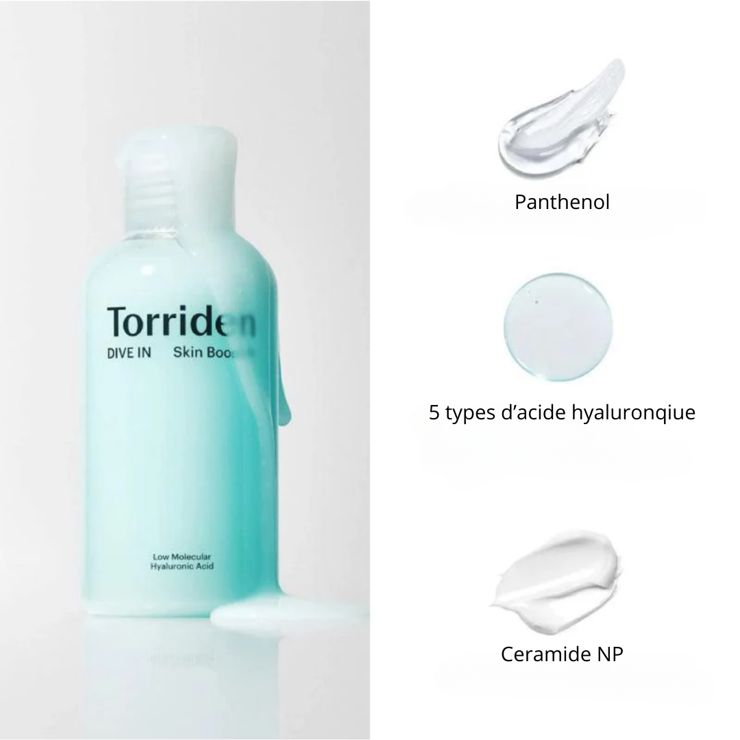 Torriden Dive In Skin Booster avec panthénol, acide hyaluronique et céramide NP. Hydratation intense pour une peau repulpée et éclatante.
