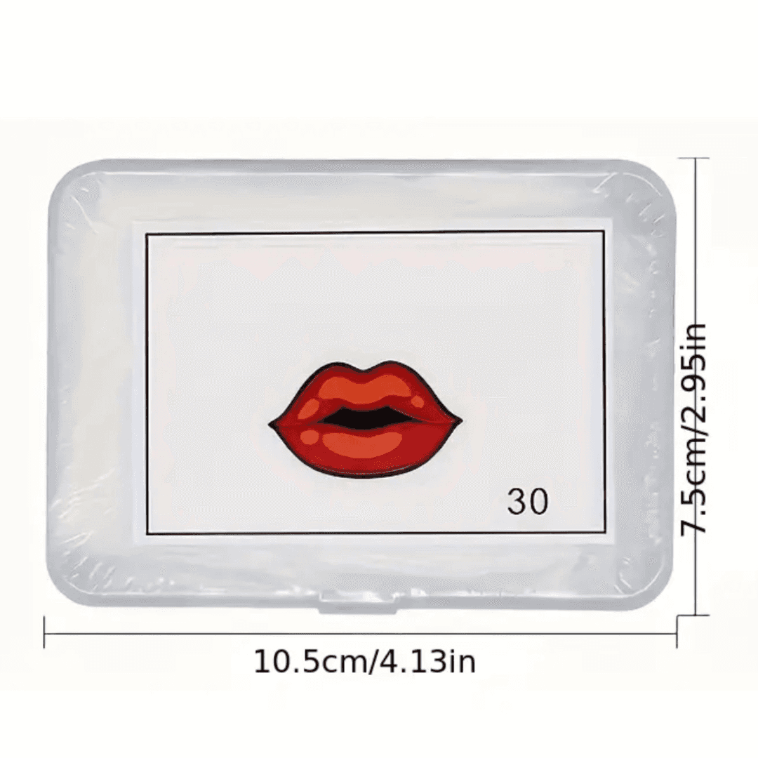 Boîte de protection labiale Hydralips avec dimensions 10,5 cm x 7,5 cm. Contient 30 films protecteurs pour soins esthétiques et microneedling des lèvres.