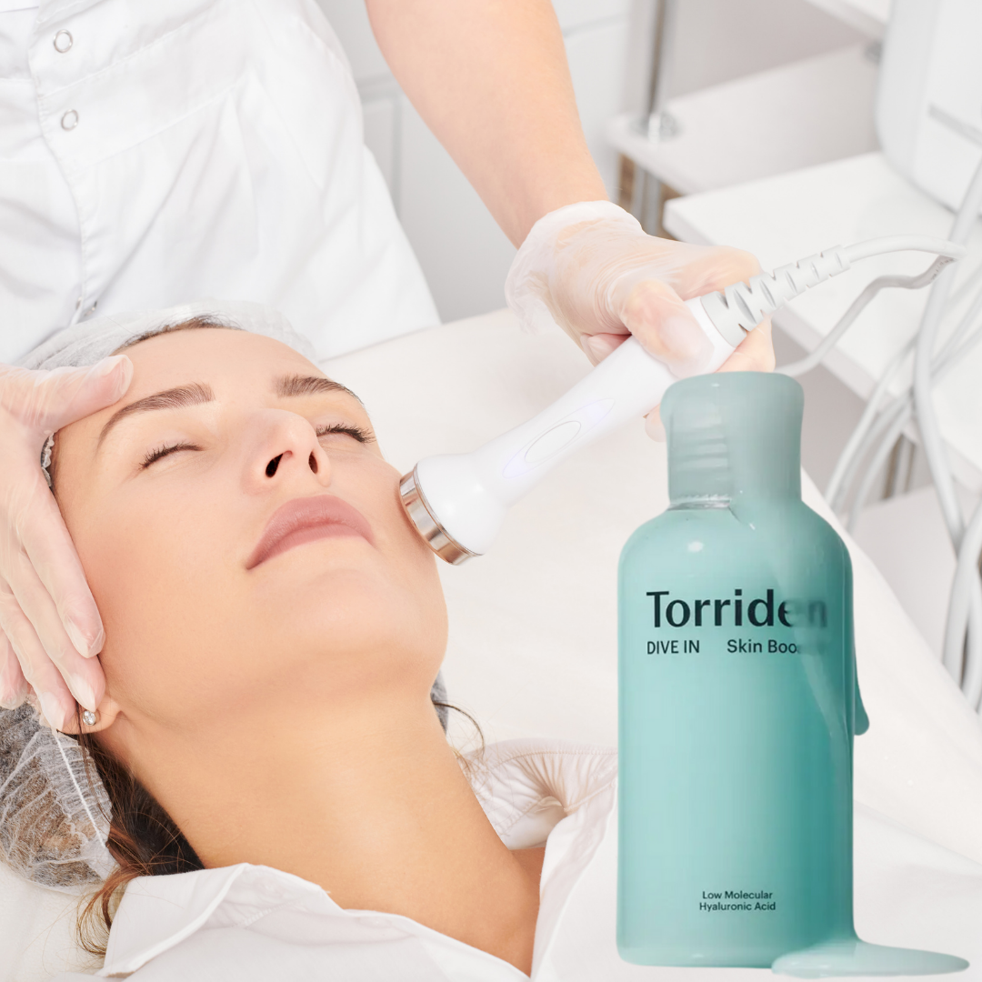 Soin HydroFacial en institut avec application du Torriden Dive In Skin Booster. Traitement professionnel pour une peau revitalisée.