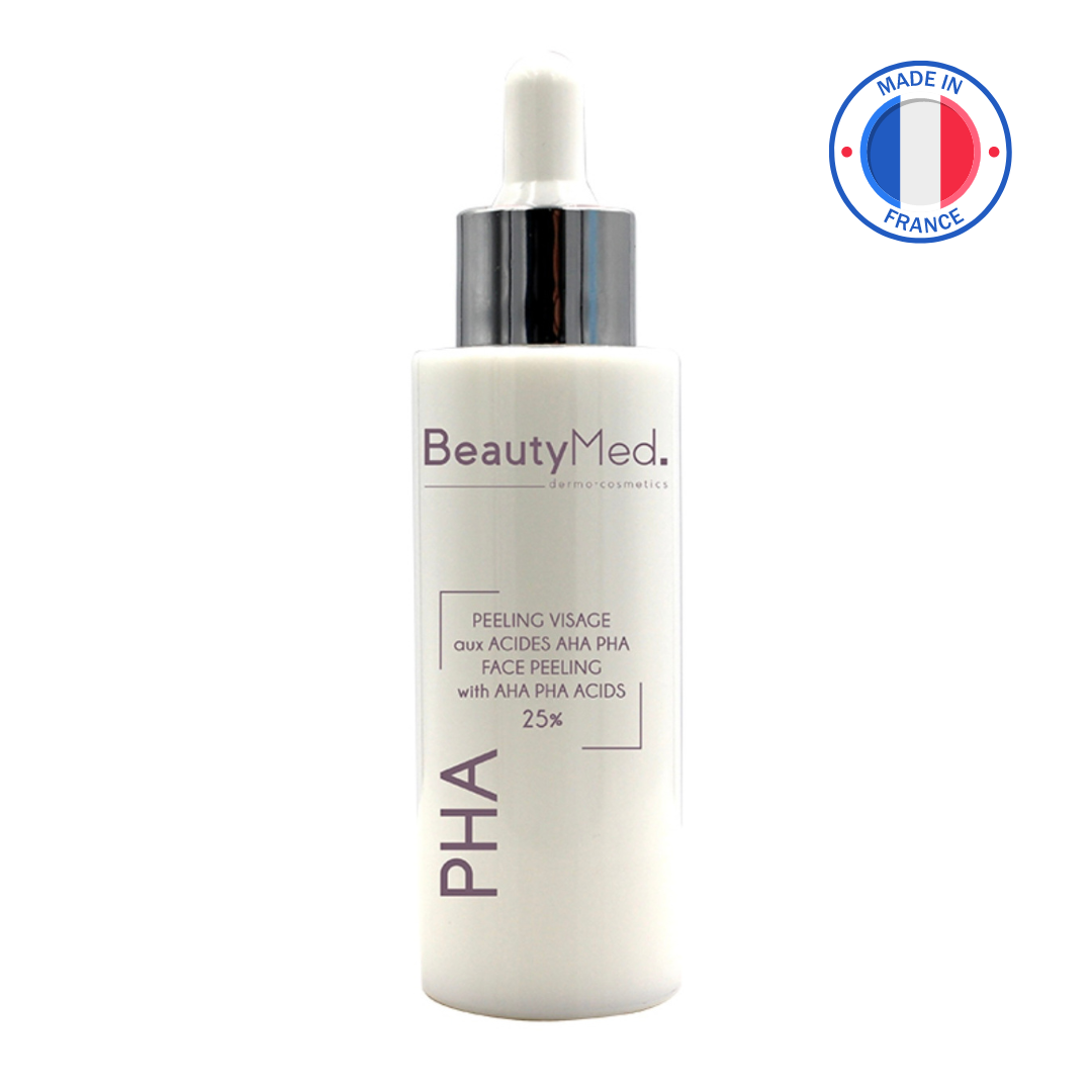 Peeling visage BeautyMed aux acides AHA PHA 25x, idéal pour soins professionnels. Produit fabriqué en France.
