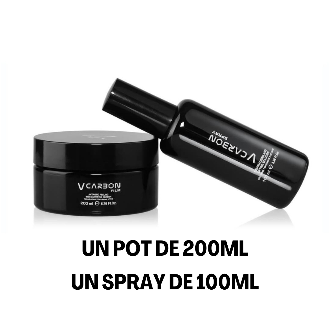 Kit Peeling V Carbon avec un pot de 200ml et un spray de 100ml. Soin exfoliant professionnel pour une peau nette et lumineuse.