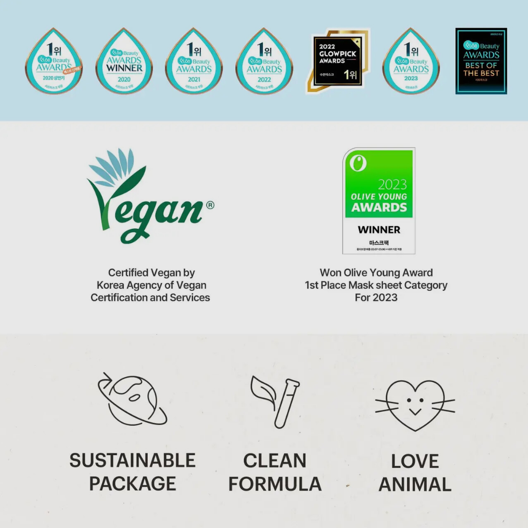 Certifications et récompenses des produits Torriden : formule propre, emballage durable et engagement vegan. Lauréat des Olive Young Awards.