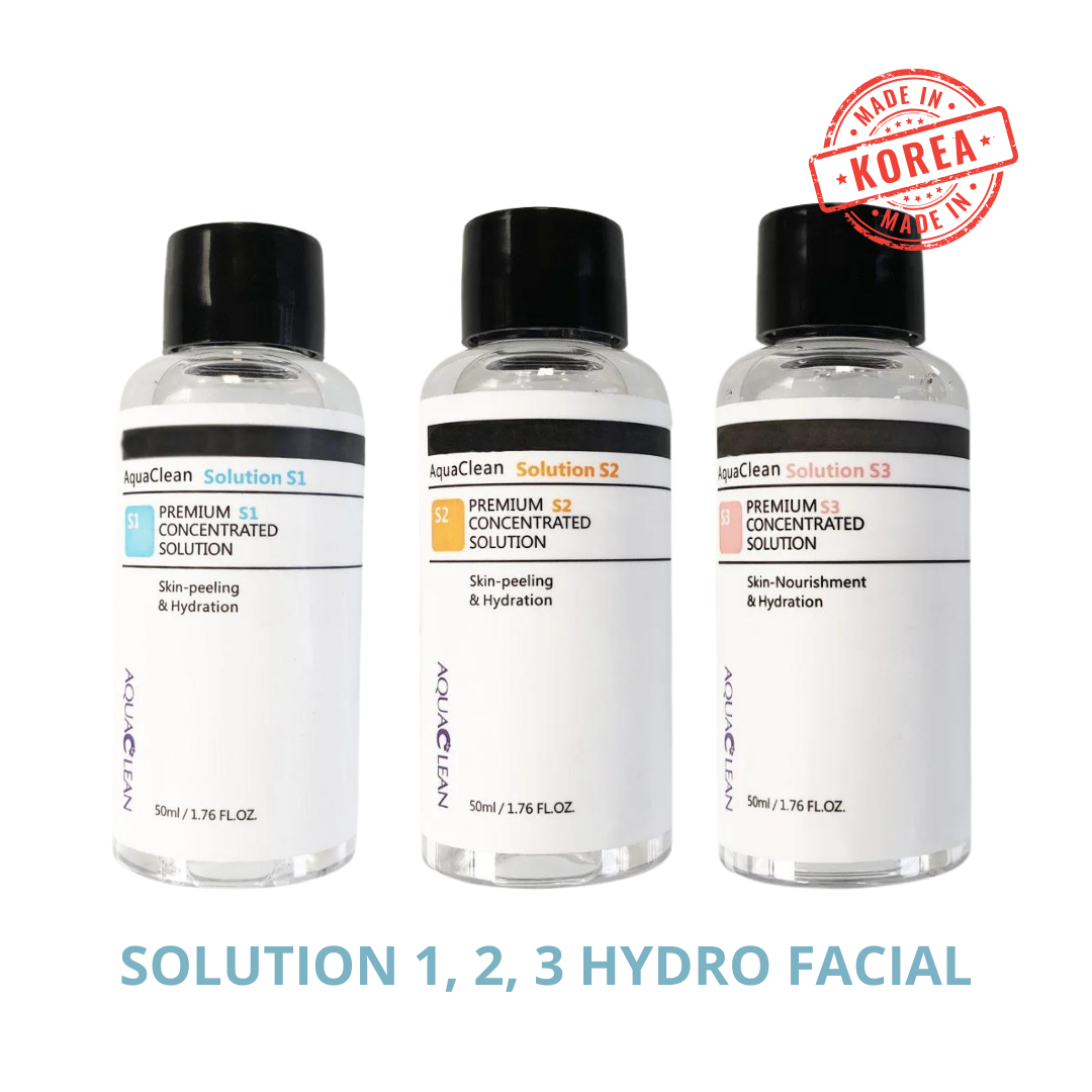 Solutions AquaClean 1, 2, 3 Hydro Facial, concentrés premium pour peeling, hydratation et nutrition de la peau. Fabriqué en Corée.