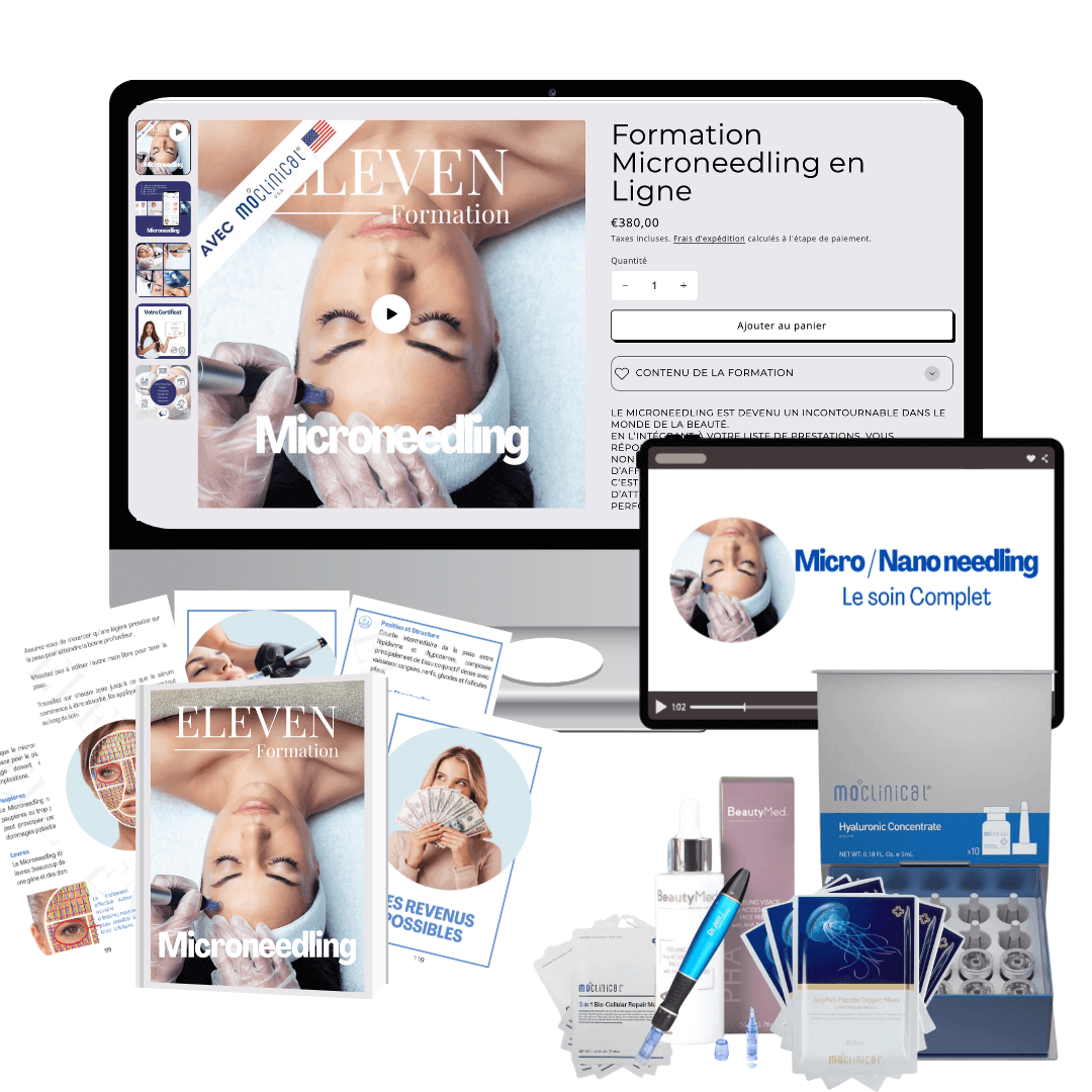 Pack complet de formation Microneedling et Nanoneedling en ligne incluant vidéos, livret, kit et certificat. Devenez expert en soins esthétiques.