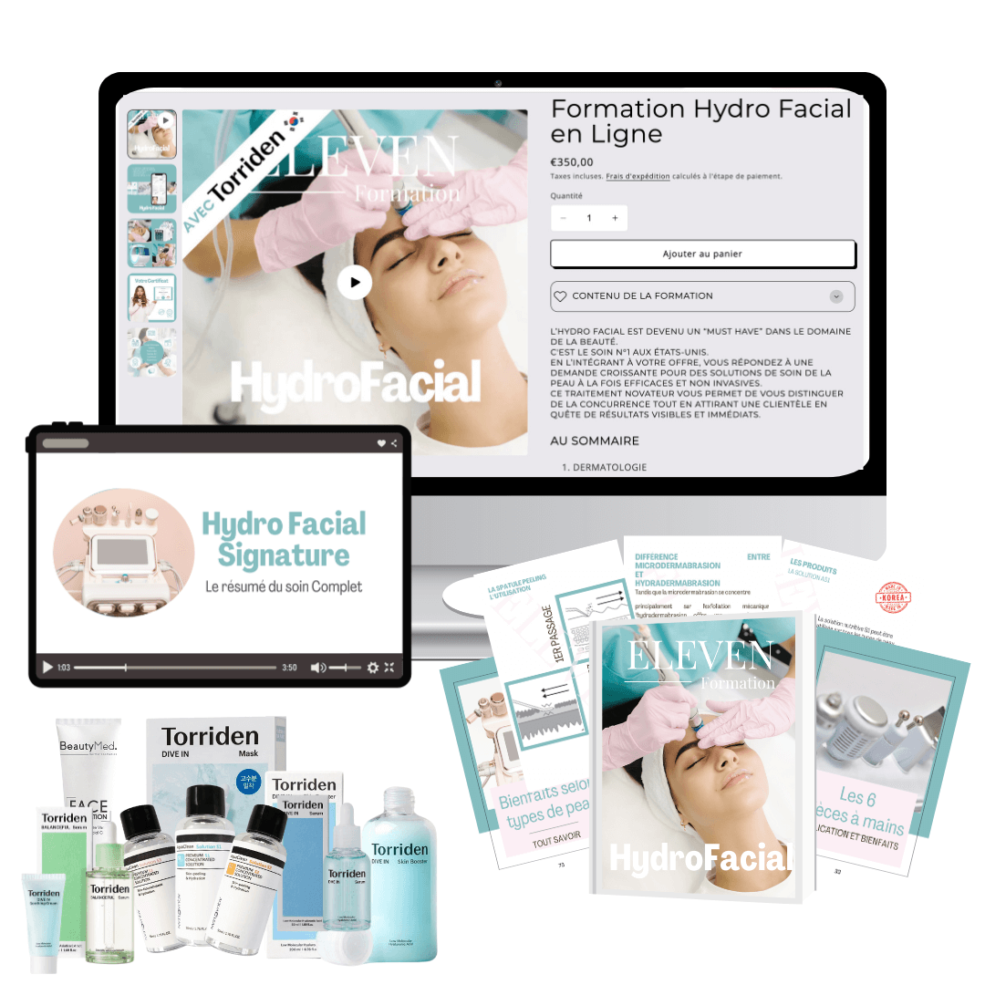 Pack complet de formation Hydro Facial en ligne incluant livret, vidéos, kit de soins et certificat. Devenez expert(e) en soins du visage professionnels.
