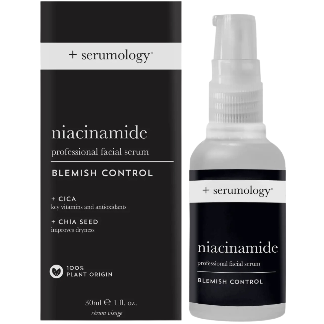 Sérum visage professionnel Niacinamide +Serumology pour le contrôle des imperfections. Formule enrichie en CICA et graines de chia pour hydrater et protéger la peau.