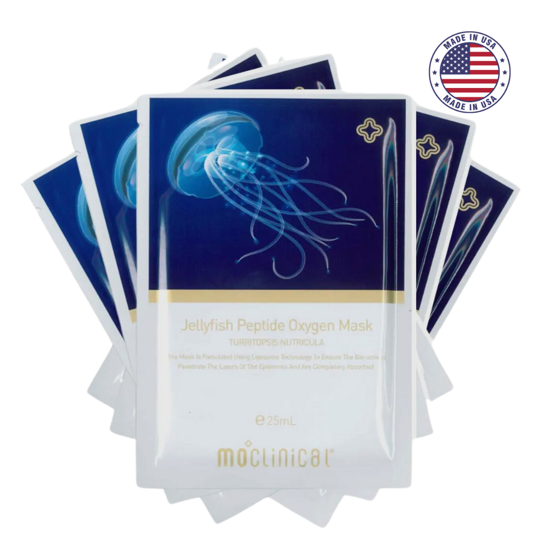 Masques Jellyfish Peptide Oxygen Mask de 25 ml, enrichis en peptides et oxygène, pour soins visage hydratants et régénérants. Fabriqués aux USA.