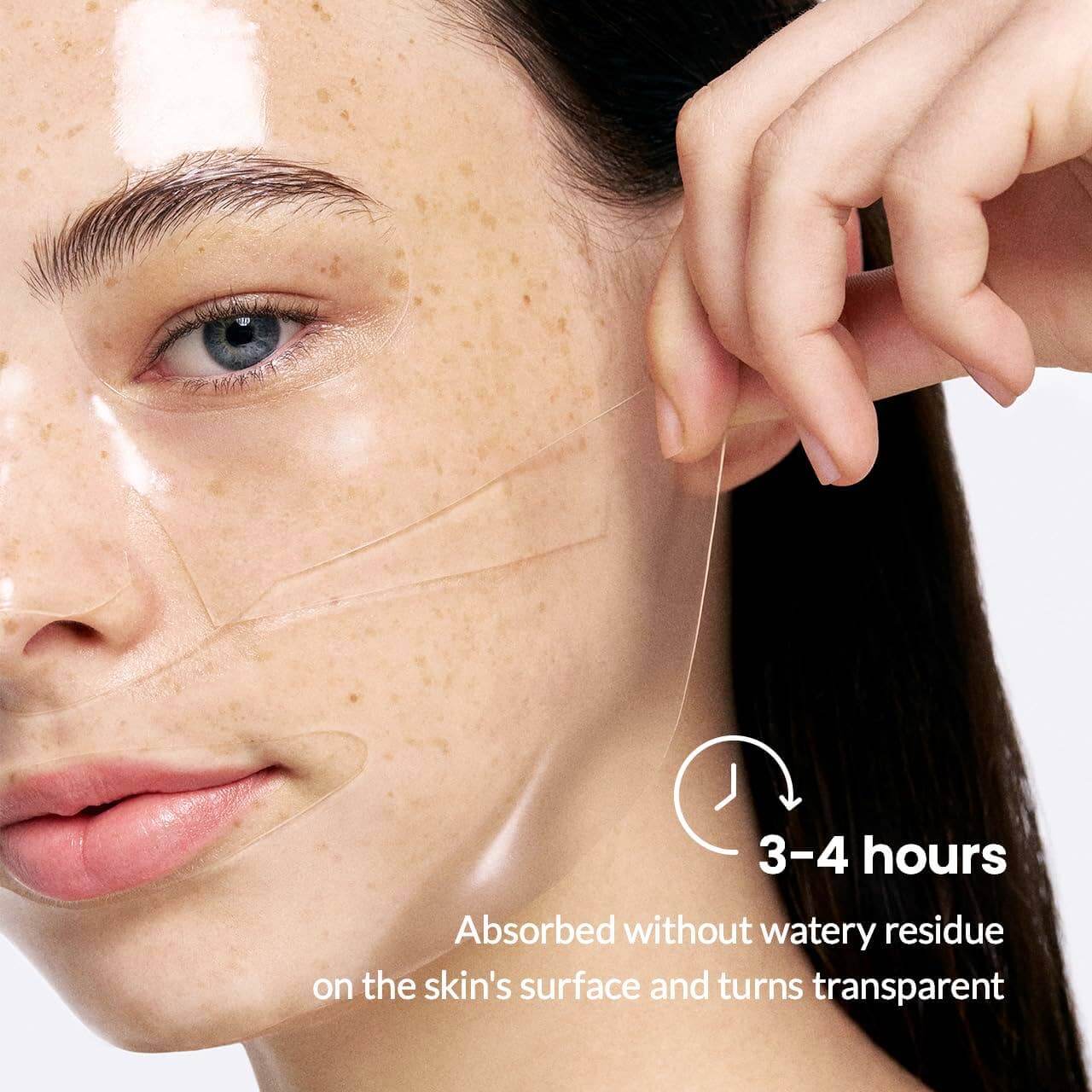Masque BIODANCE Bio-Collagen absorbé en 3-4 heures, devenant transparent sans résidu aqueux sur la peau. coreen