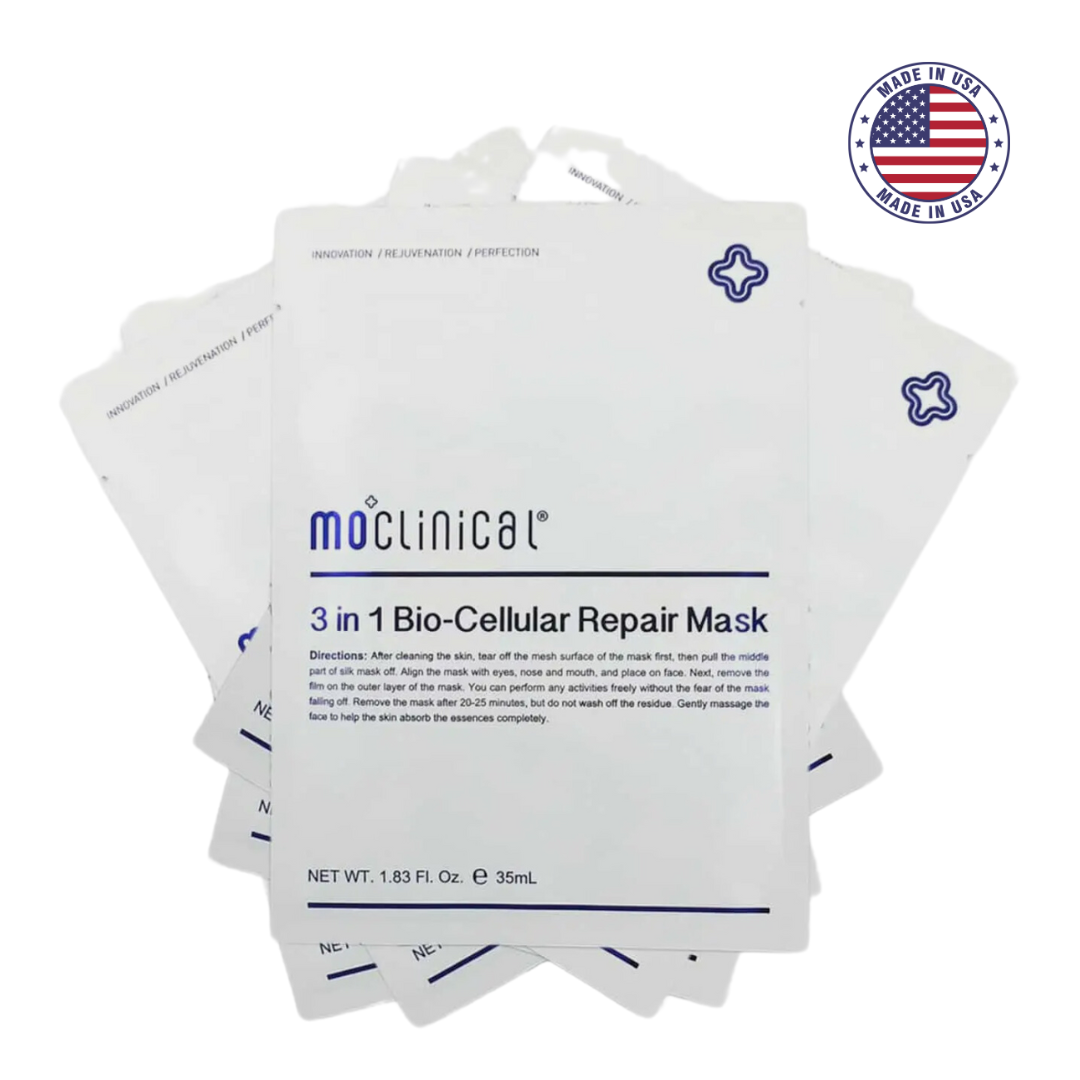 Masques 3 en 1 Bio-Cellular Repair de MoClinical, soin visage professionnel pour régénération et perfection, fabriqué aux USA.