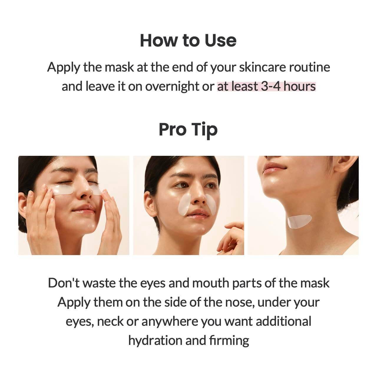 Instructions d'utilisation du masque BIODANCE Bio-Collagen, recommandé pour une application nocturne ou de 3-4 heures.
