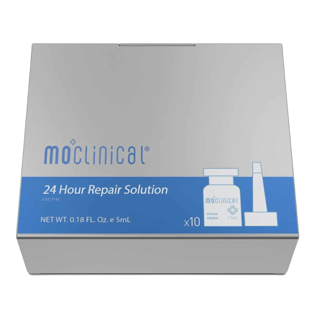 Boîte du sérum 24h Repair Post Traitement Microneedling, Mo Clinical, contenant 10 flacons pour une récupération complète de la peau après traitement.