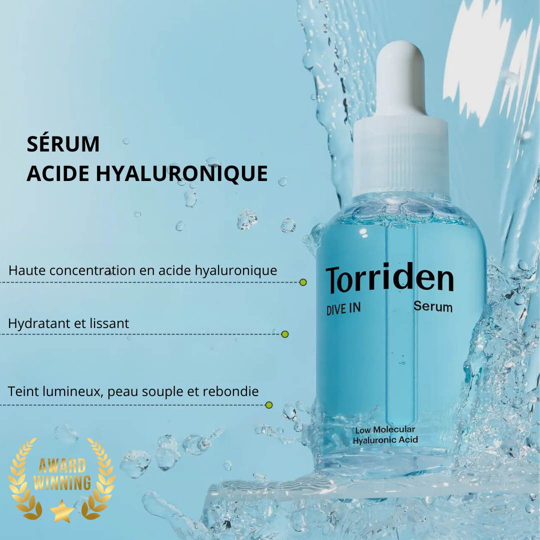 Sérum Acide Hyaluronique Torriden avec haute concentration en acide hyaluronique. Hydratant, lissant et illuminateur pour une peau souple et rebondie.