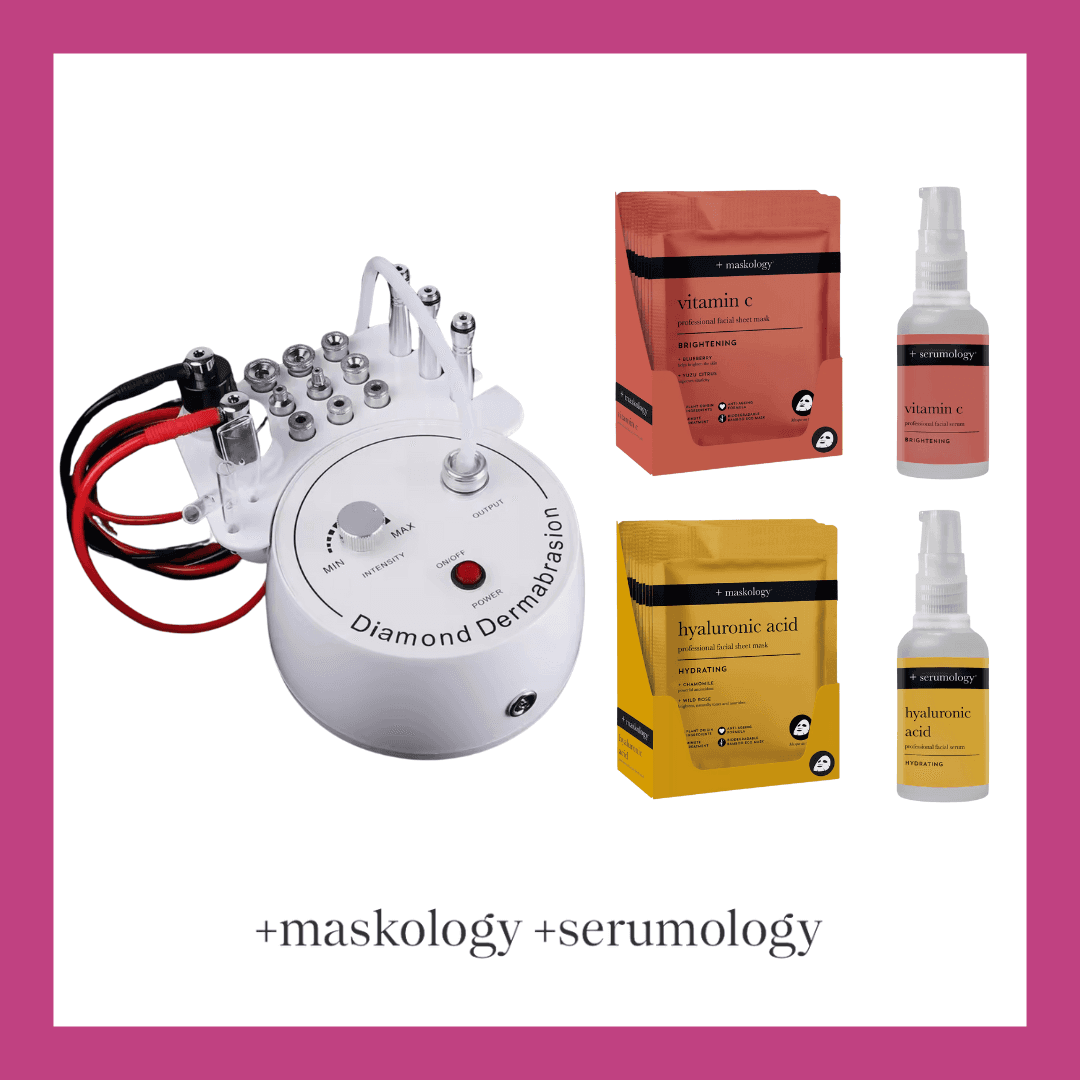 Kit complet de microdermabrasion avec appareil professionnel, sérums vitamine C et acide hyaluronique, et masques hydratants et éclaircissants.