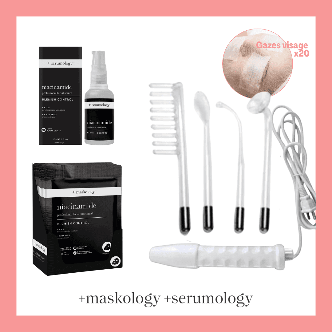 Kit Haute Fréquence avec sérum niacinamide et masques visage. Idéal pour les soins professionnels, il inclut des électrodes et des accessoires de beauté.