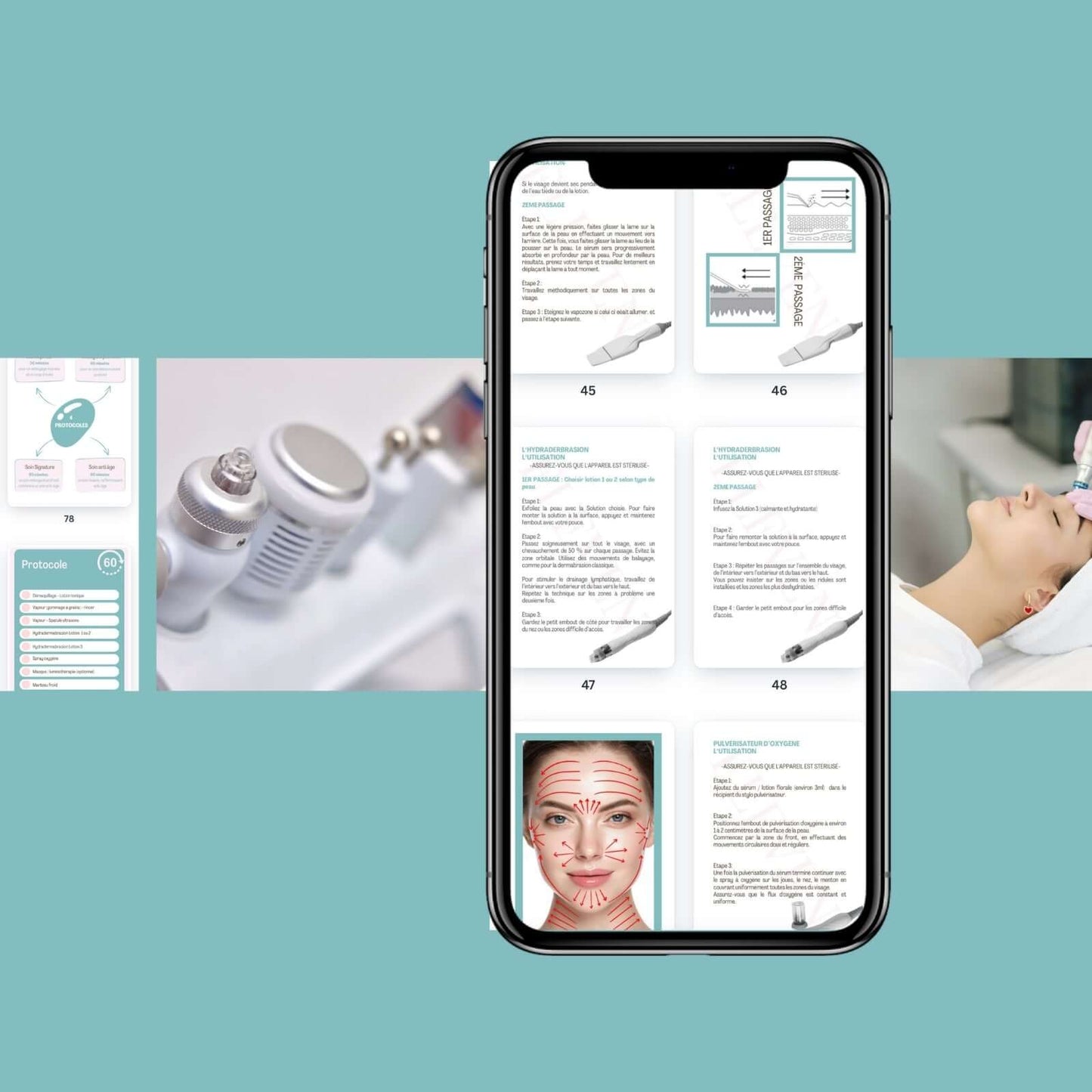 Formation Hydrofacial + Kit complet affiché sur un téléphone avec des images de soins du visage.