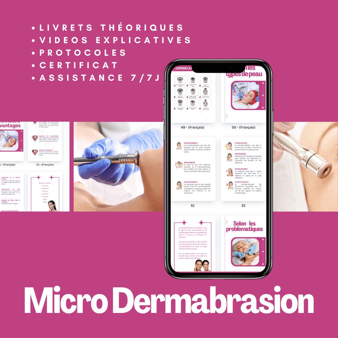 Formation Microdermabrasion en ligne avec livrets théoriques, vidéos explicatives, protocoles et assistance 7j/7.