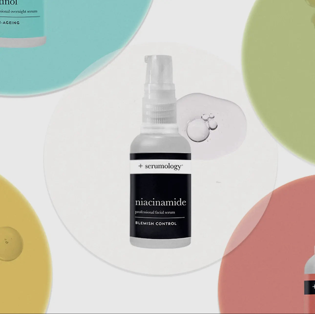 Flacon du sérum visage professionnel Niacinamide +Serumology entouré de textures colorées, mettant en avant ses ingrédients et bienfaits pour la peau.