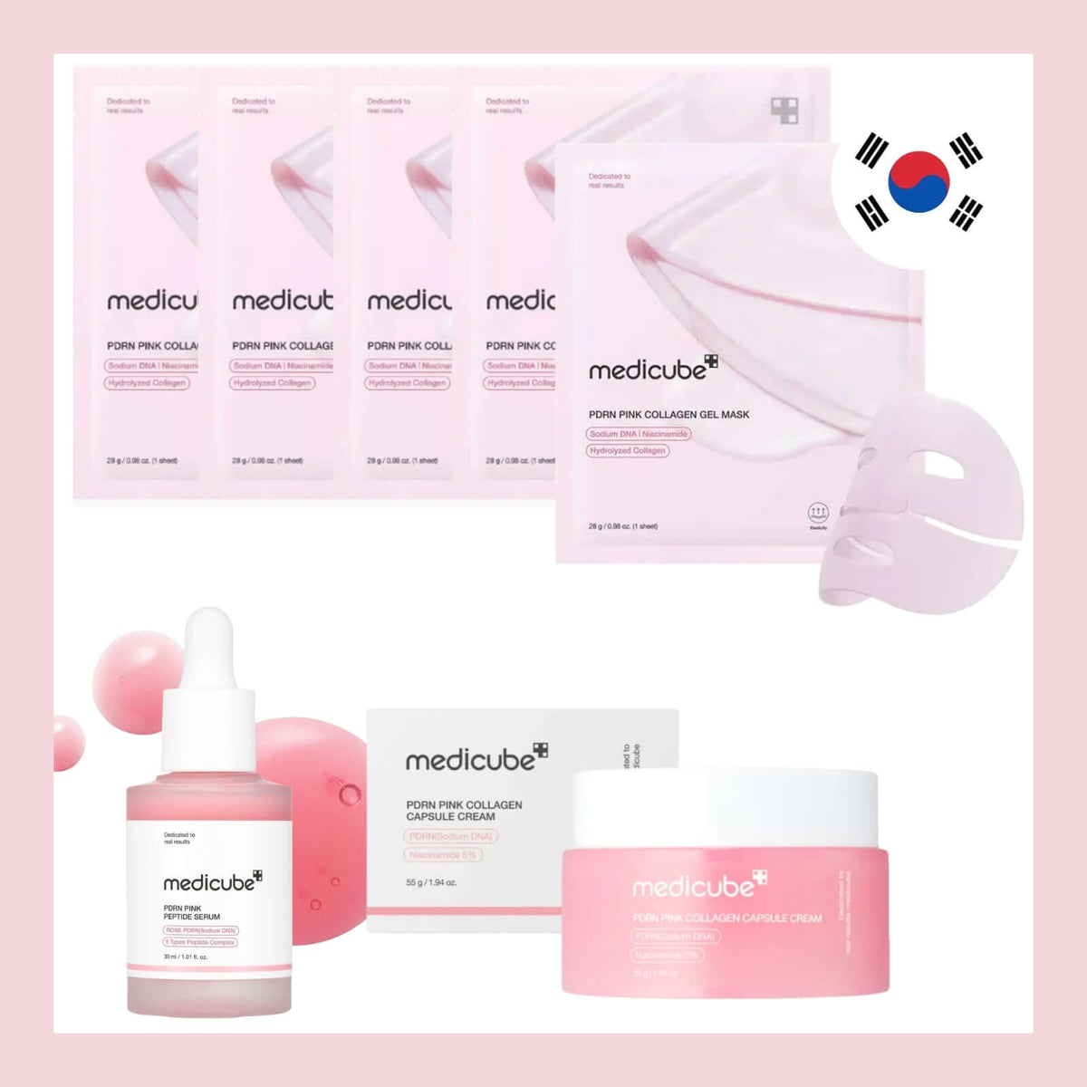Kit Medicube PDRN made in Korea, comprenant masques et crèmes pour une peau éclatante et revitalisée.