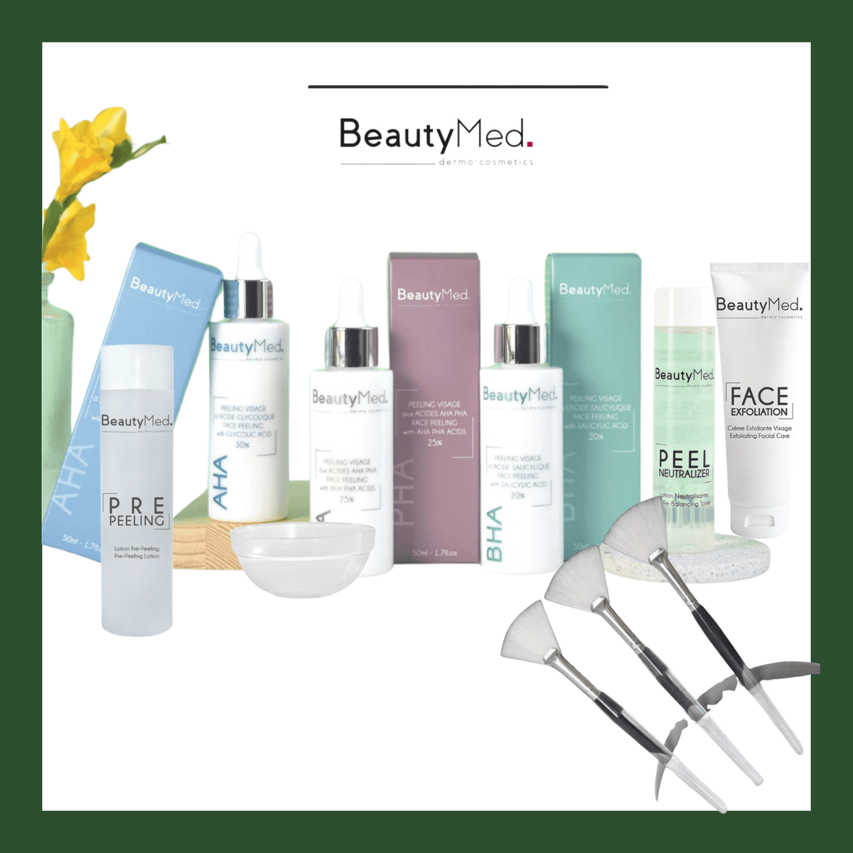 Kit Peeling Chimique AHA, BHA, PHA, Lotions, Coupelle et Pinceau