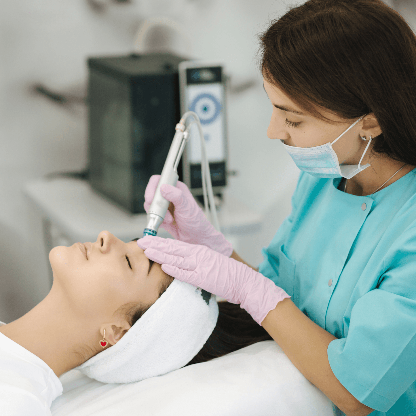 Kit Produit HydroFacial Complet utilisé par une esthéticienne sur un visage pendant un soin hydratant.