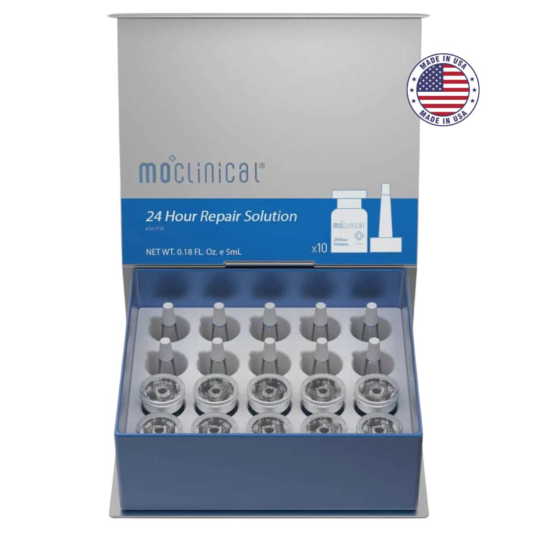 Sérum 24h Repair Post Traitement Microneedling, Mo Clinical en coffret de 10 flacons pour une régénération intense de la peau après soin.