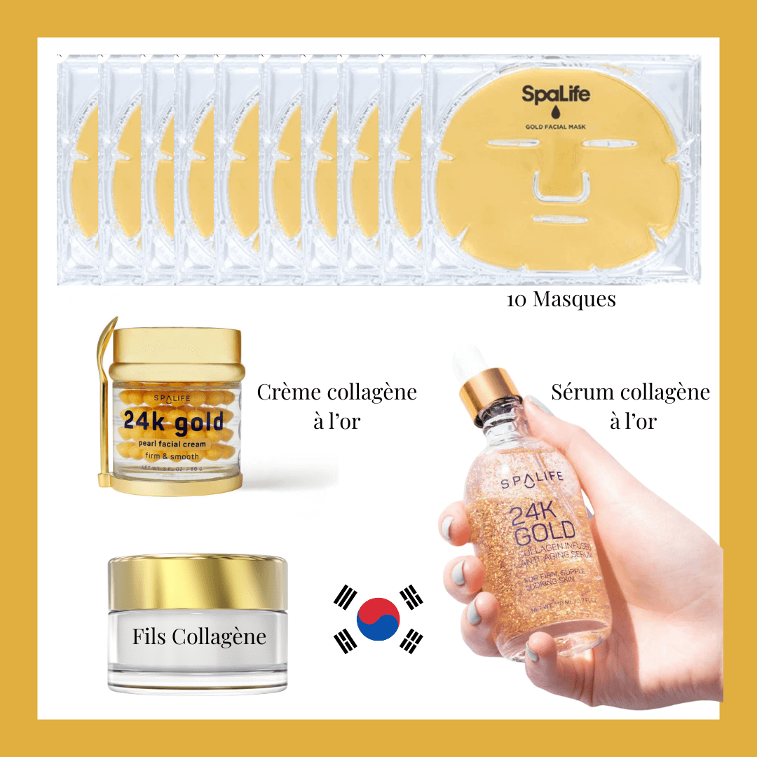 Kit produits lifting coréen, serum, fils de soie de collagène, masque collagène, creme or et collagène