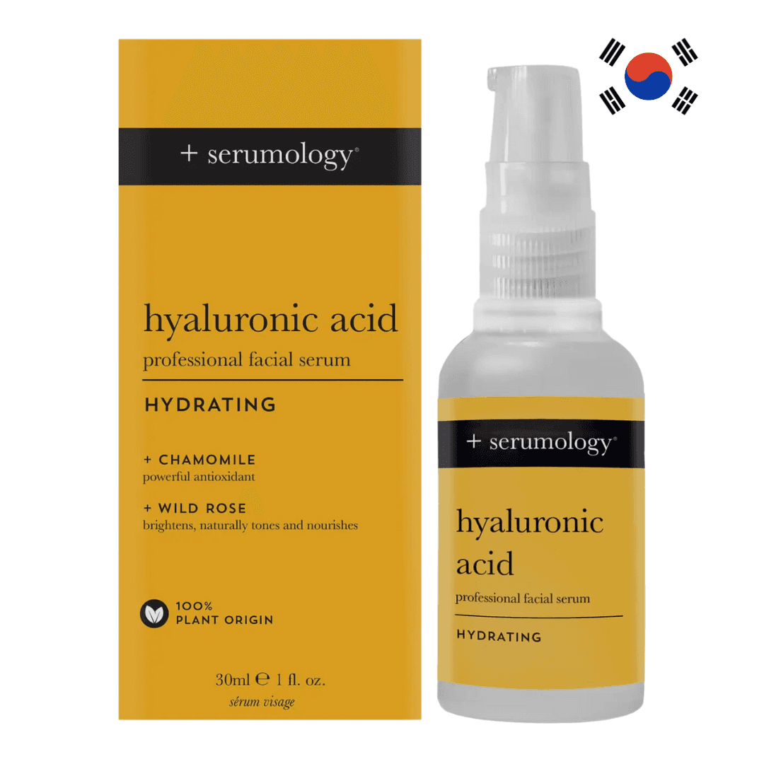 Sérum hydratant à l'acide hyaluronique de Serumology, enrichi en camomille et rose sauvage, 100% d'origine végétale, fabriqué en Corée.