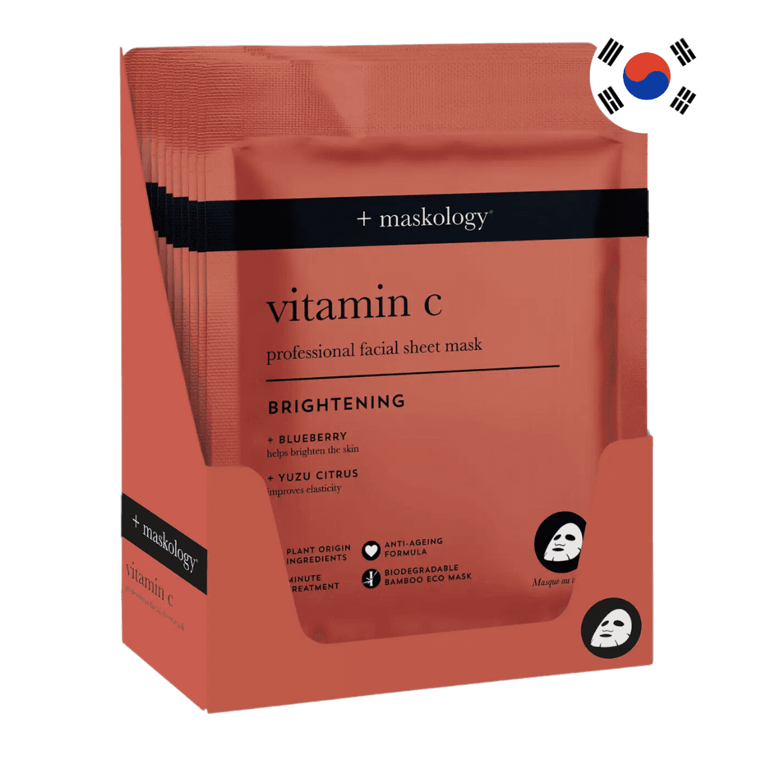 Masques en feuille à la vitamine C de Maskology, éclaircissants et anti-âge, enrichis en myrtille et yuzu, fabriqués en Corée.