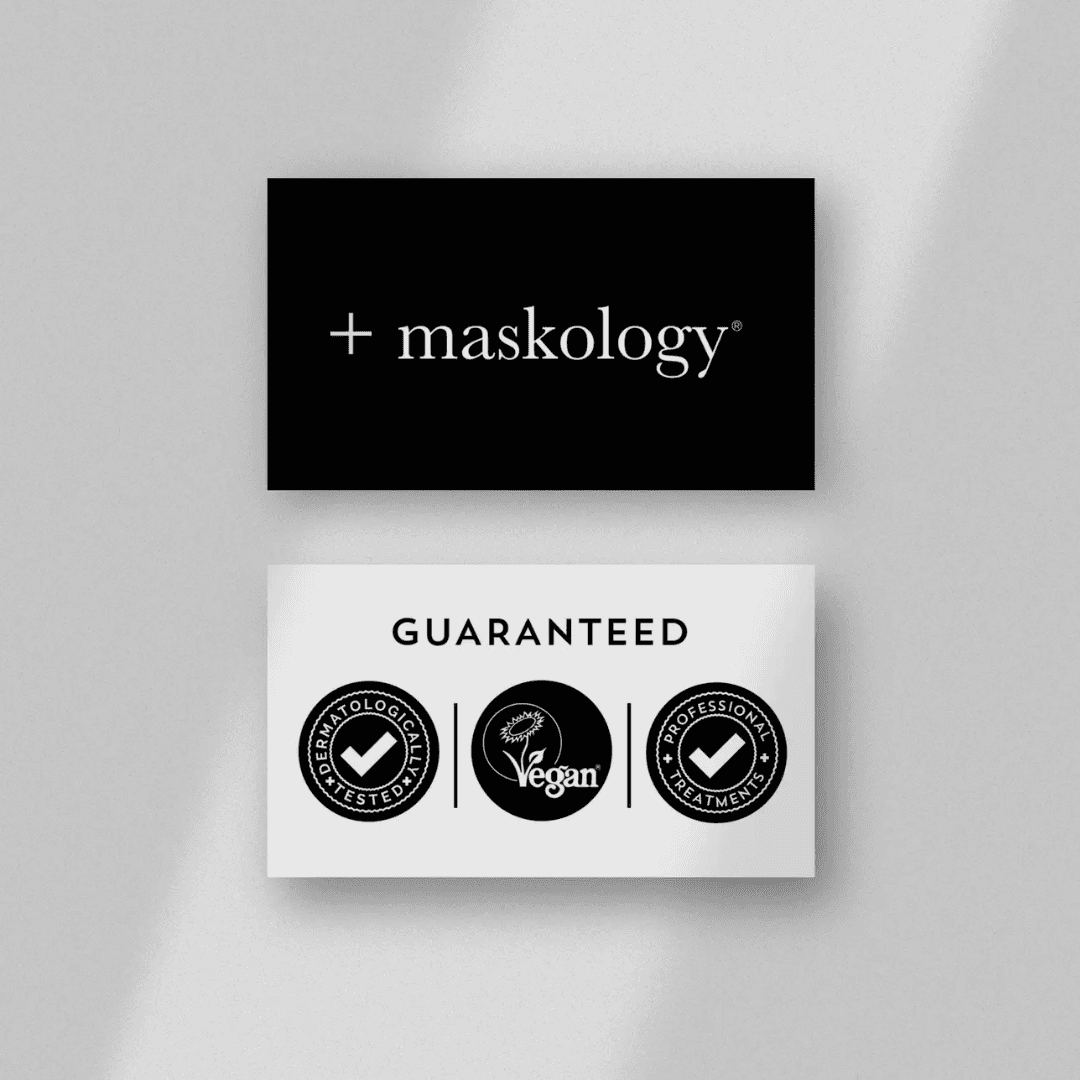 Logos Maskology et certifications : testé dermatologiquement, traitement professionnel et formule vegan garantie.