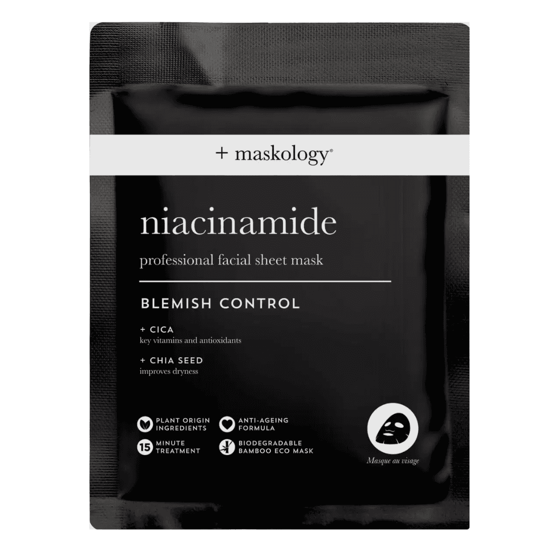 Masque facial en feuille Maskology au niacinamide pour le contrôle des imperfections. Formule anti-âge avec ingrédients d'origine végétale et masque biodégradable.