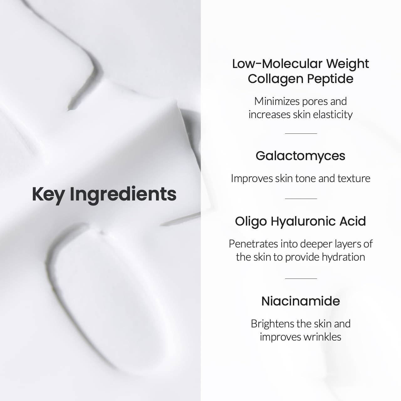 Ingrédients clés du masque BIODANCE Bio-Collagen : peptides de collagène, galactomyces, acide hyaluronique et niacinamide pour une peau éclatante.
