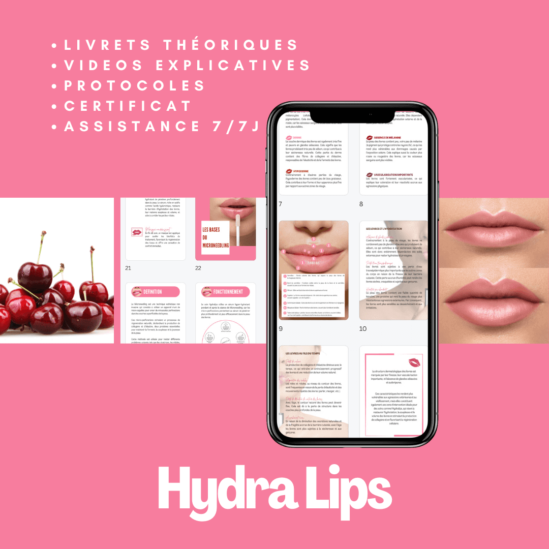 Formation HydraLips en ligne avec livrets théoriques, vidéos explicatives, protocoles et certificat. Idéal pour maîtriser les soins des lèvres.
