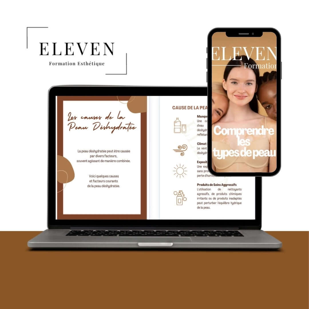 E-book 'Comprendre les types de peau' disponible sur ordinateur et mobile. Formation esthétique complète avec guide détaillé et attestation.