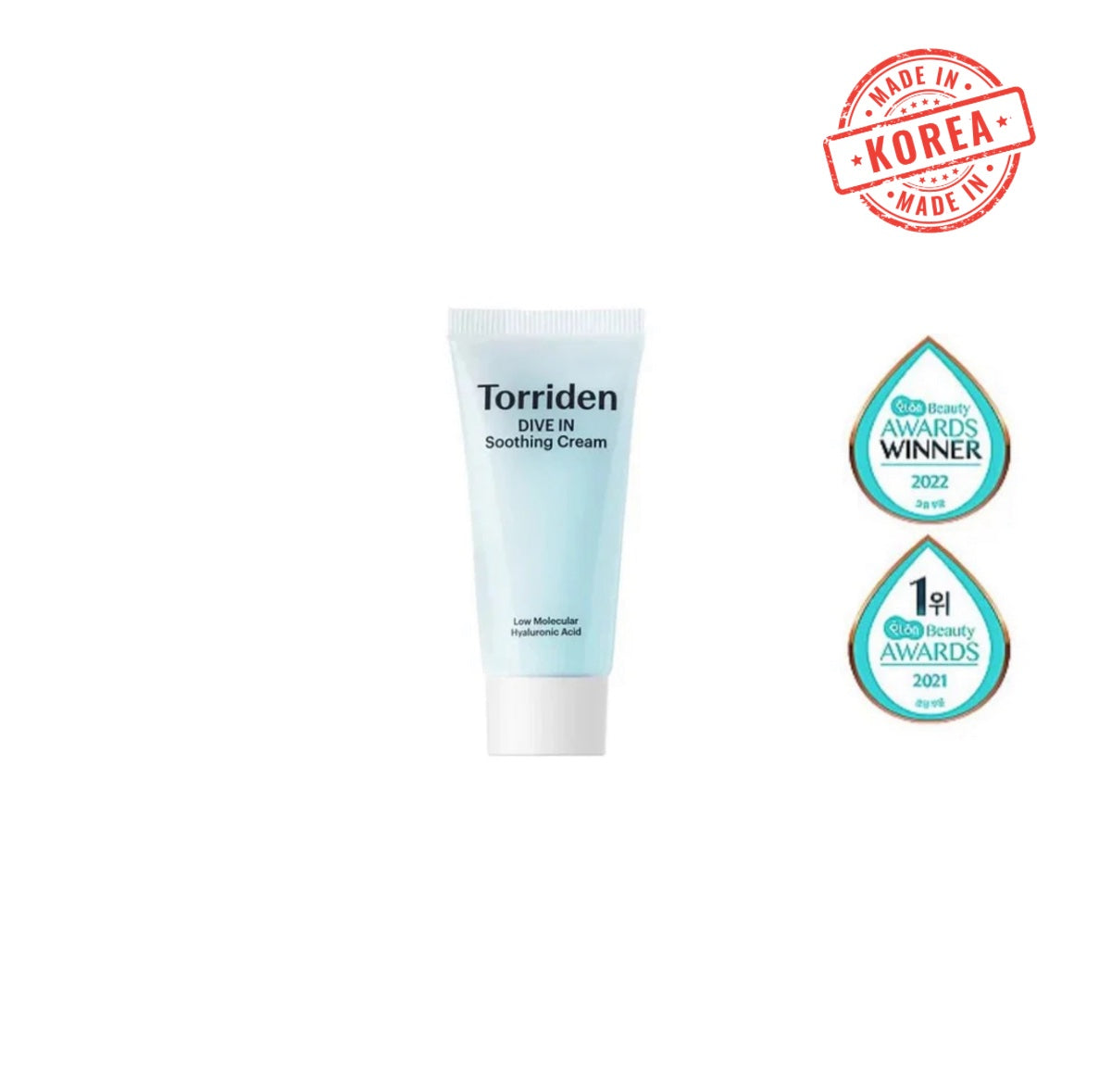 Torriden Dive In Soothing Cream, crème hydratante apaisante primée. Idéale pour calmer et nourrir la peau en profondeur.