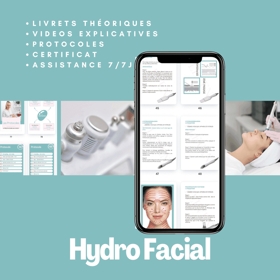Formation Hydro Facial en ligne avec livrets théoriques, vidéos explicatives et protocoles détaillés. Obtenez votre certificat et une assistance 7/7j.