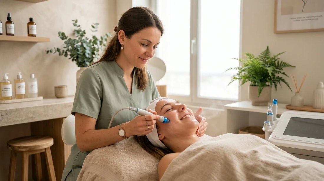 Esthéticienne européenne réalisant un soin visage par hydradermabrasion sur une cliente
