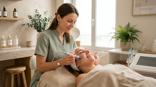 Esthéticienne européenne réalisant un soin visage par hydradermabrasion sur une cliente