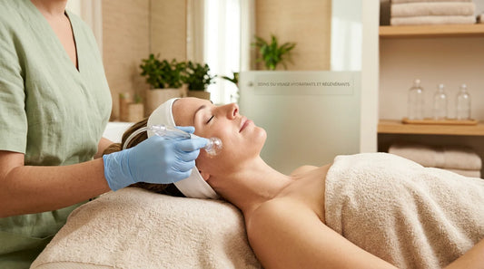Femme européenne recevant un soin du visage hydrofacial dans un institut moderne