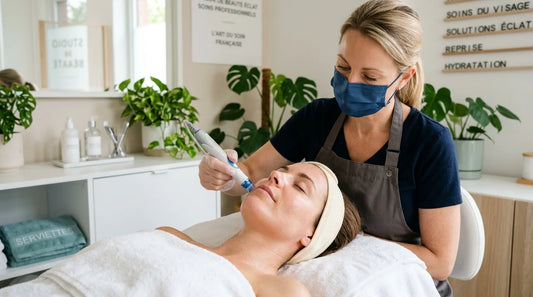 Gros plan sur un soin hydrofacial réalisé avec une pièce à main