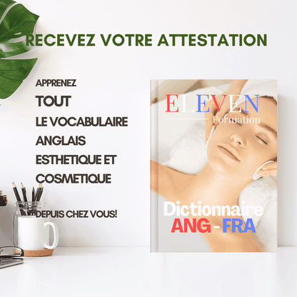 Livre Dictionnaire Anglais / Français Esthétique présenté sur un bureau, parfait pour apprendre le vocabulaire beauté depuis chez soi.