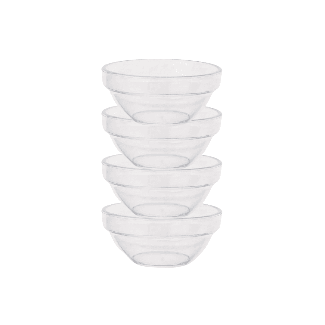 Lot de 4 coupelles en plastique transparent pour soin du visage professionnel. Idéales pour doser sérums, masques et crèmes avec précision.