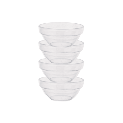Lot de 4 coupelles en plastique transparent pour soin du visage professionnel. Idéales pour doser sérums, masques et crèmes avec précision.