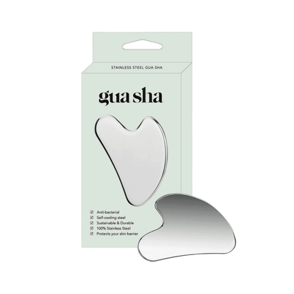 Gua Sha en Acier inoxydable pour soin du visage, idéal pour le massage et le modelage du visage. Améliore l'élasticité de la peau et stimule la circulation.
