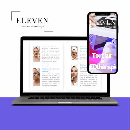 Ordinateur portable et smartphone affichant le contenu du e-book 'Tout sur la LEDthérapie', idéal pour apprendre les soins LED en ligne.