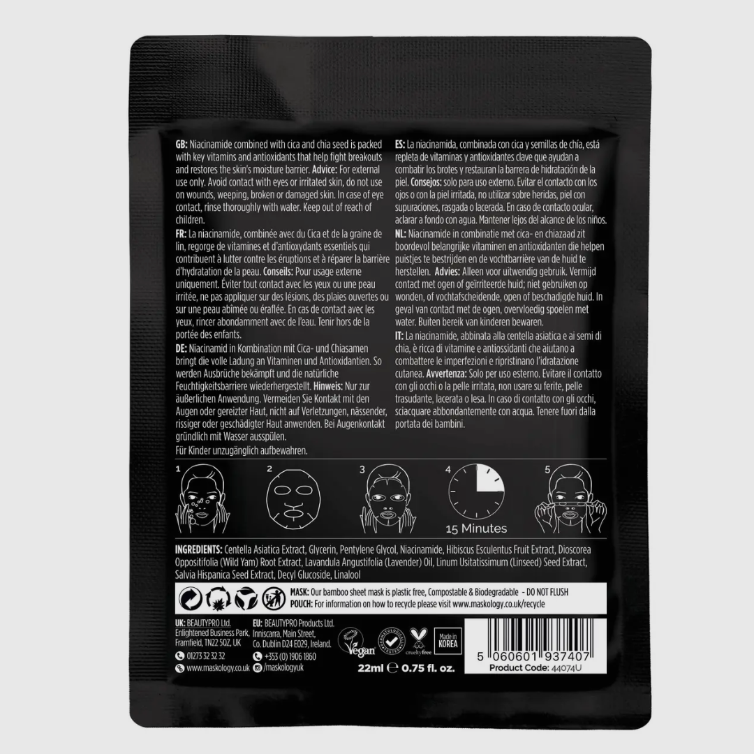 Dos du Masque Tissu Professionnel Niacinamide, +Maskology avec instructions d'utilisation et liste des ingrédients naturels et efficaces.