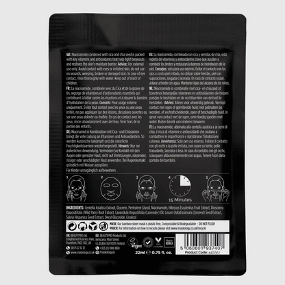 Dos du Masque Tissu Professionnel Niacinamide, +Maskology avec instructions d'utilisation et liste des ingrédients naturels et efficaces.