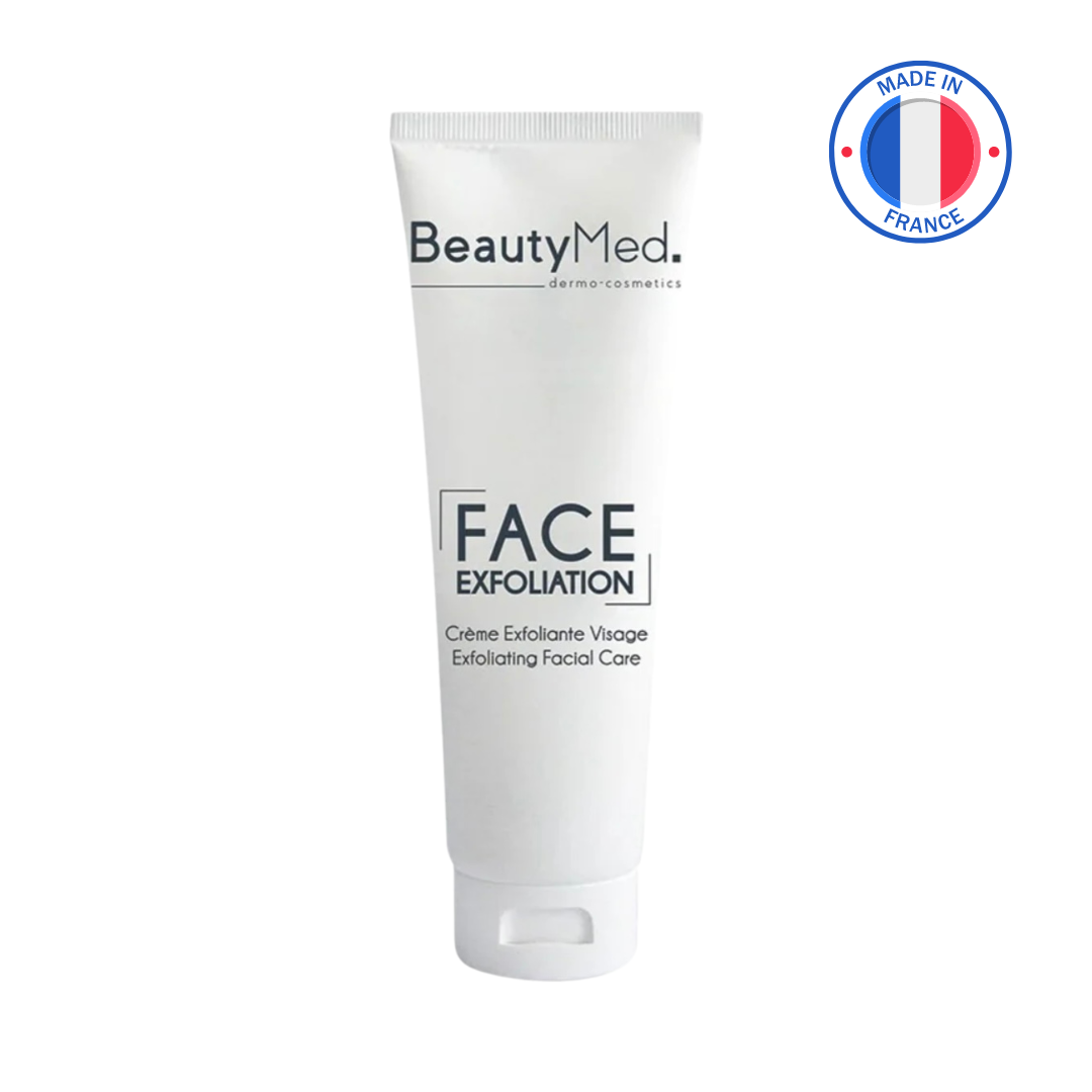 Crème exfoliante visage BeautyMed, soin exfoliant facial pour peau douce et éclatante, fabriqué en France, tube 100 ml.