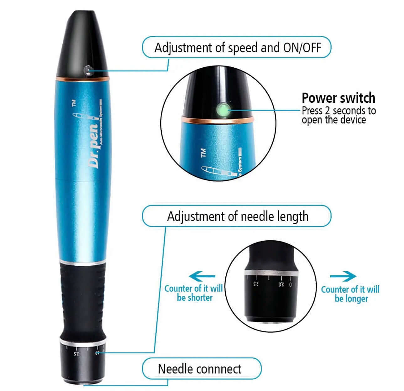 Appareil Dr Pen A1 Microneedling Nanoneedling- 6 VITESSESAvec ses 6 vitesses ajustables, il garantit une précision et un confort d’utilisation inégalés pour des résultats efficaces. Inclus, un chargeur pour une utilisation continue.