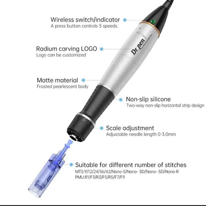 Appareil Dr Pen A1 Microneedling Nanoneedling ORIGINAL - 6 VITESSESAvec ses 6 vitesses ajustables, il garantit une précision et un confort d’utilisation inégalés pour des résultats efficaces. Inclus, un chargeur pour une utilisation continue.